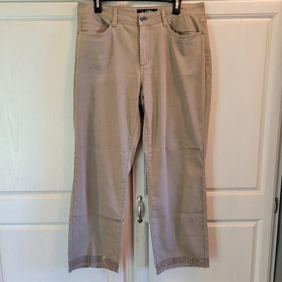 Joseph Ribkoff Rhinestone Embellished Tan Frayed Hem Crop Denim Pant - Picture 2 of 11